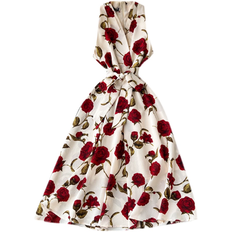 Vintage printed dress 2022 new goddess style temperament V-neck lace up waist slimming mid length dress Vintage printed dress 2022 new goddess style temperament V-neck lace up waist slimming mid length dress