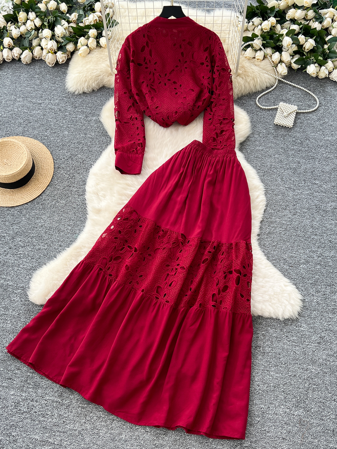 French court style suit, fashionable and heavy industry, with hollowed out hook flower embroidery, long sleeved shirt and high waisted skirt French court style suit, fashionable and heavy industry, with hollowed out hook flower embroidery, long sleeved shirt and high waisted skirt