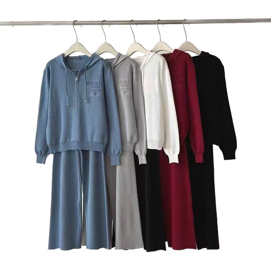 Cross border 2025 casual spring knitted letter embossed hooded loose cardigan high waisted wide leg pants set for women Cross border 2025 casual spring knitted letter embossed hooded loose cardigan high waisted wide leg pants set for women