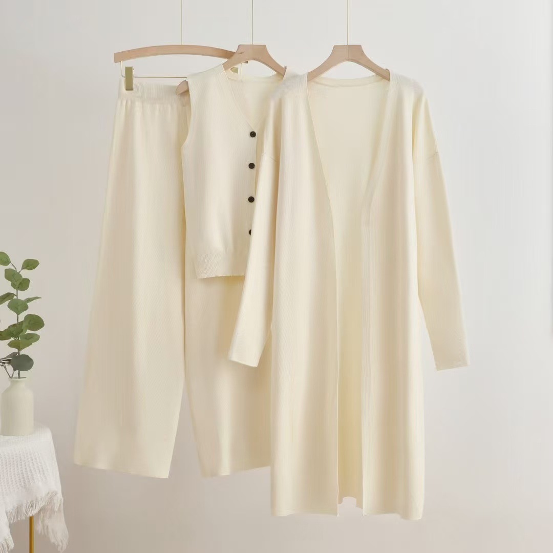 Autumn and winter lazy style sweater cardigan jacket versatile base shirt 2023 new women's wide leg pants fashionable three piece set trendy Autumn and winter lazy style sweater cardigan jacket versatile base shirt 2023 new women's wide leg pants fashionable three piece set trendy