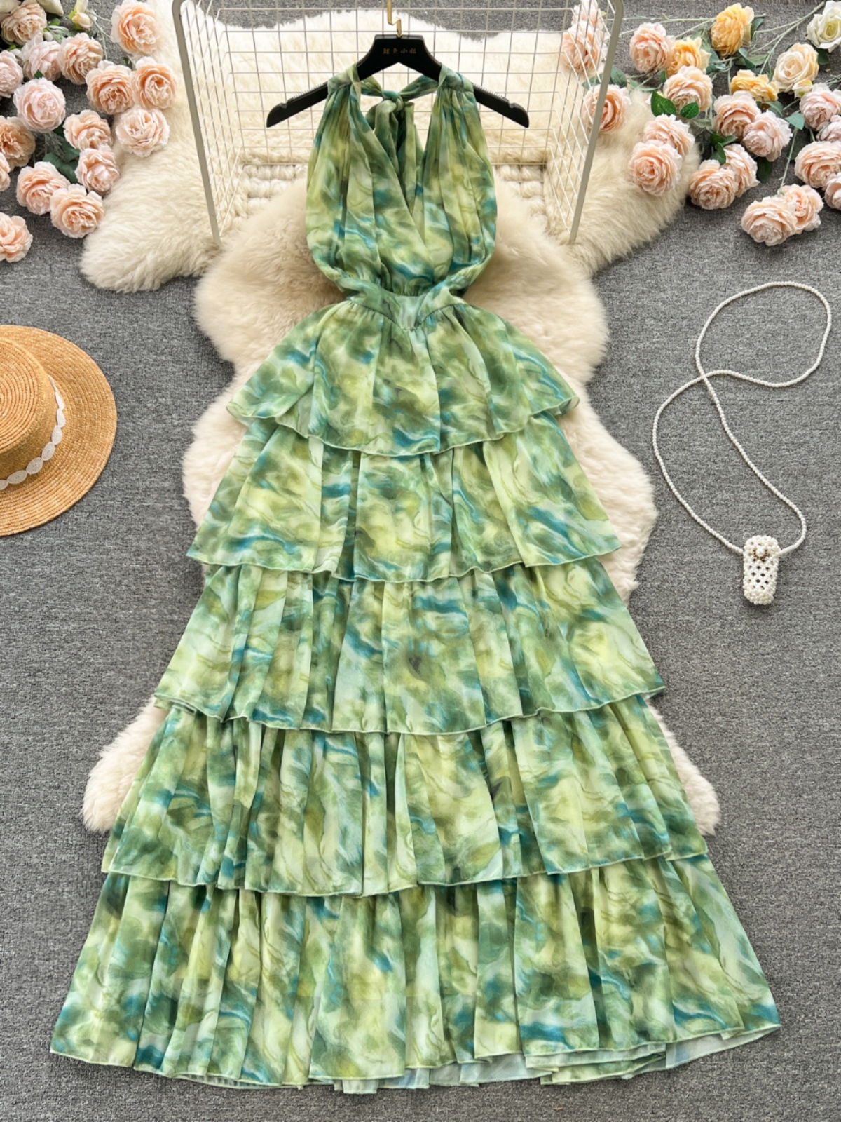 Seaside vacation style hanging neck dress, women's high-end feeling, blended long ruffle edge cake skirt, chiffon beach skirt