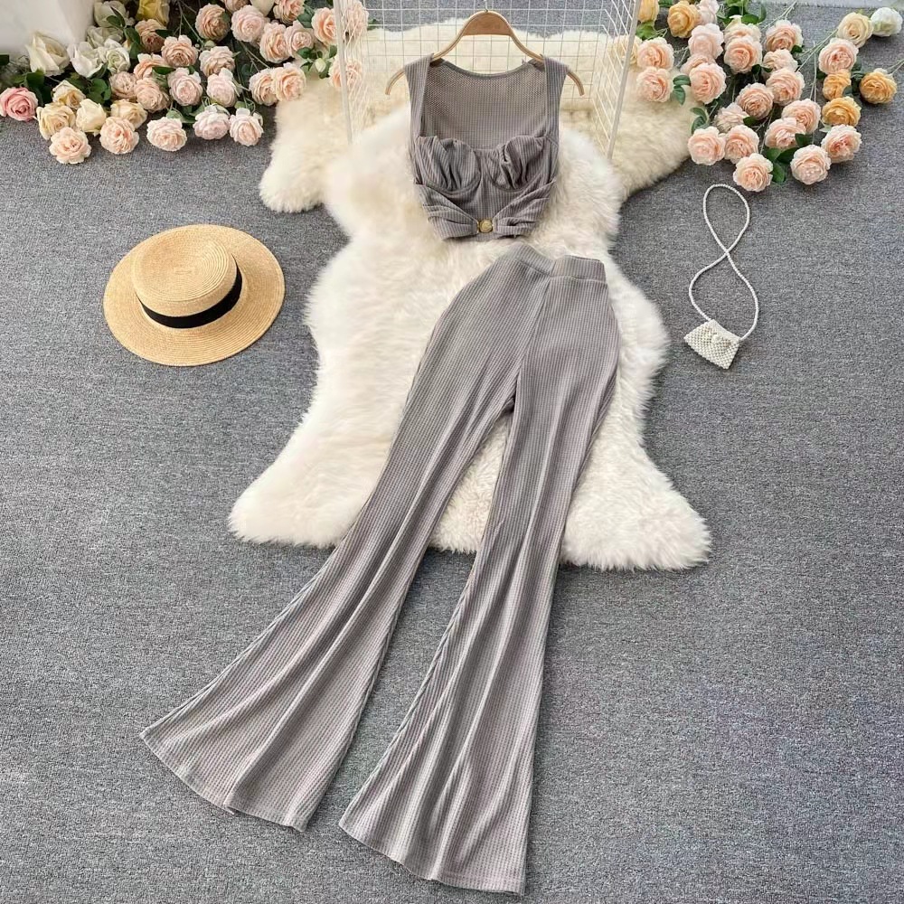 Cross border foreign trade fashion set, female sexy low neck short top, versatile high waisted flared pants, fashionable two-piece set Cross border foreign trade fashion set, female sexy low neck short top, versatile high waisted flared pants, fashionable two-piece set