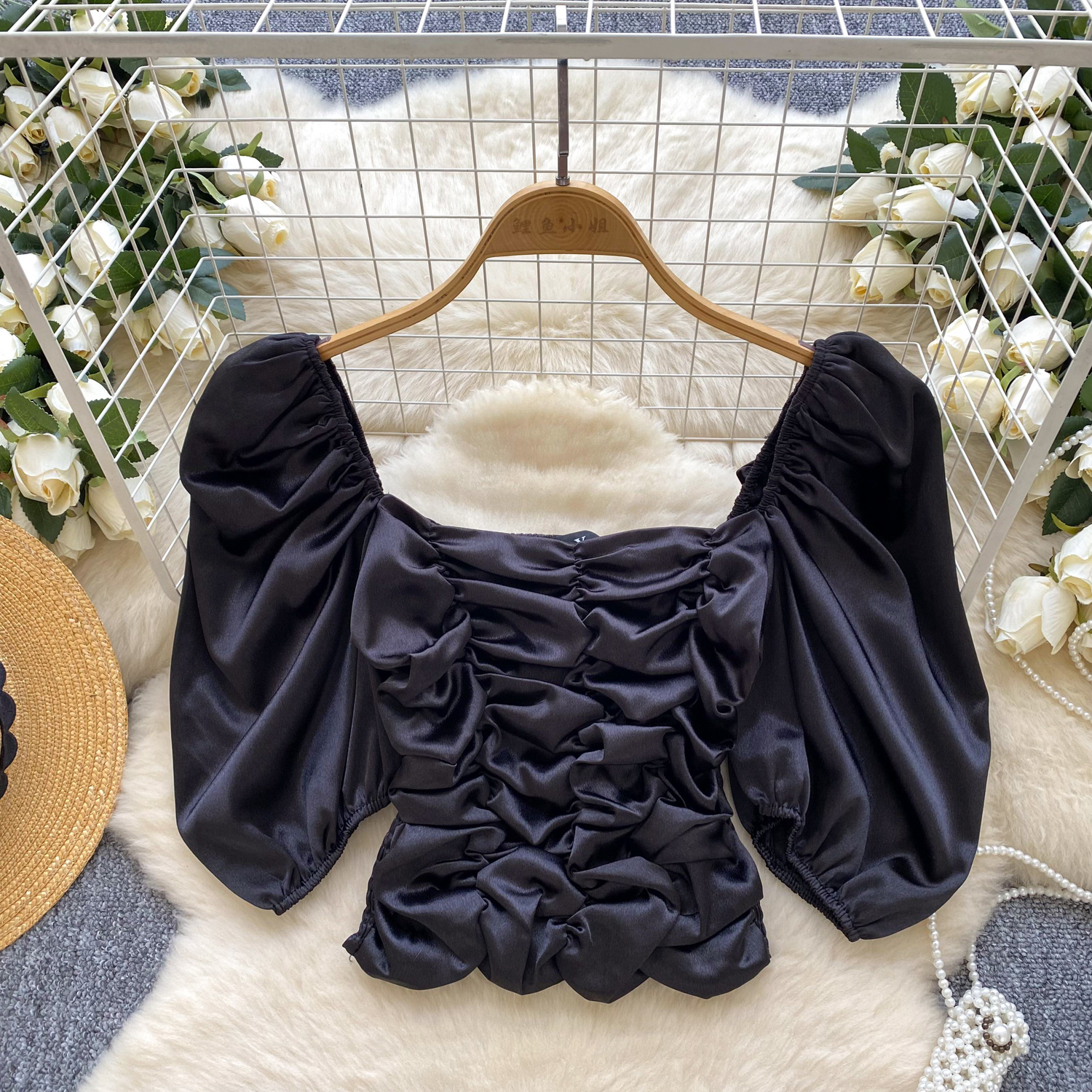 Light luxury European and American style satin like one shoulder bubble sleeve shirt for women in summer, pleated slim fit, chic top, trendy Light luxury European and American style satin like one shoulder bubble sleeve shirt for women in summer, pleated slim fit, chic top, trendy