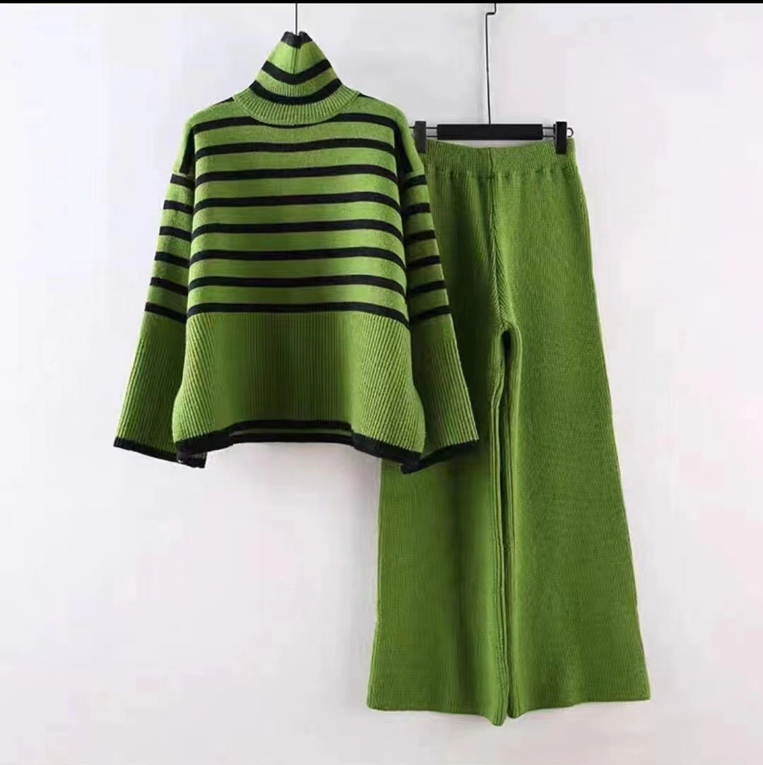Two piece set of oversized loose and versatile high neck knitted sweater for women+high waist hanging straight leg casual knitted wide leg pants Two piece set of oversized loose and versatile high neck knitted sweater for women+high waist hanging straight leg casual knitted wide leg pants