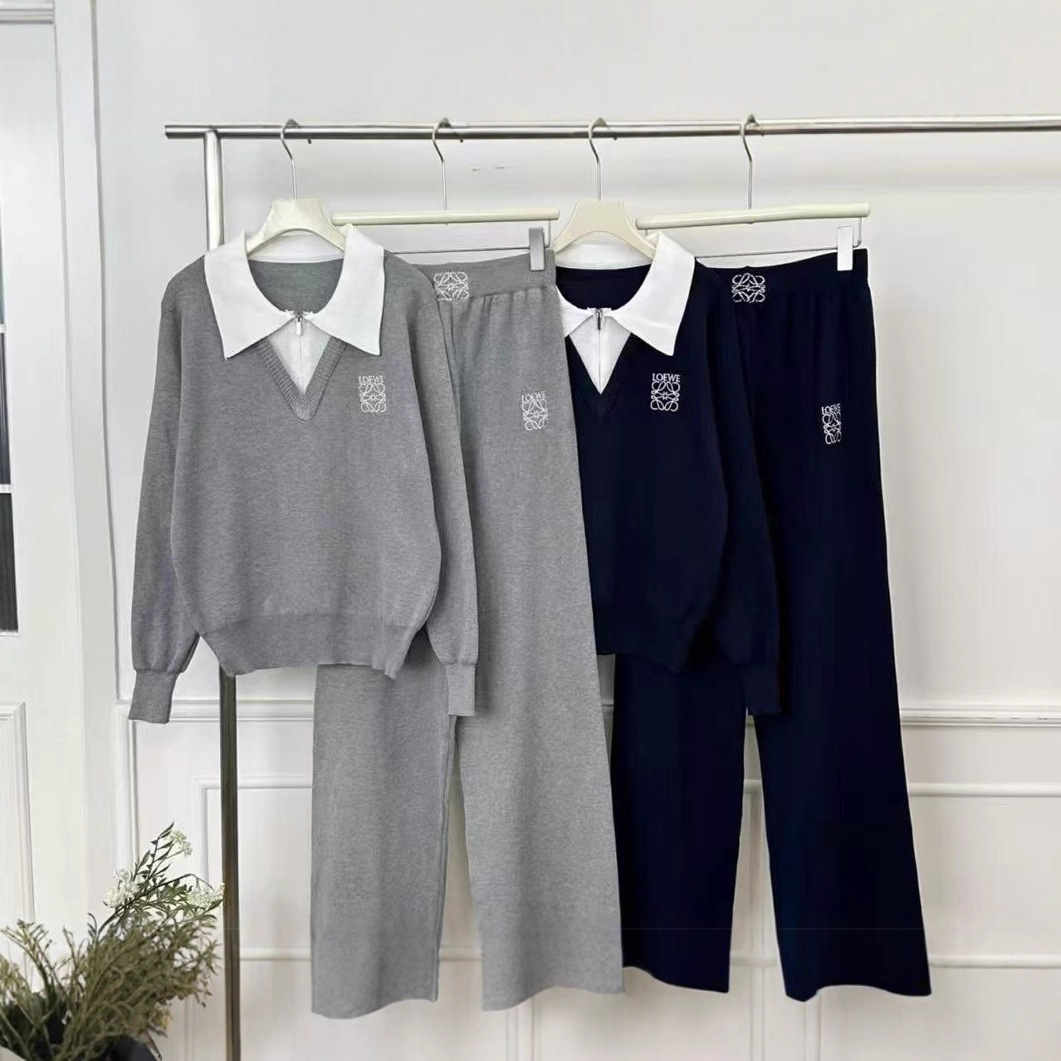 Cross border autumn and winter college vacation two-piece color blocking and contrasting collar knitted pullover top, wide leg pants casual suit for women Cross border autumn and winter college vacation two-piece color blocking and contrasting collar knitted pullover top, wide leg pants casual suit for women