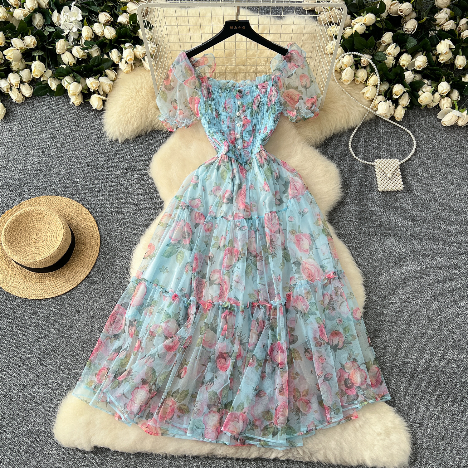 Tea break retro French gentle style floral chiffon dress for women with a cinched waist and a one shoulder puff sleeve mesh skirt Tea break retro French gentle style floral chiffon dress for women with a cinched waist and a one shoulder puff sleeve mesh skirt