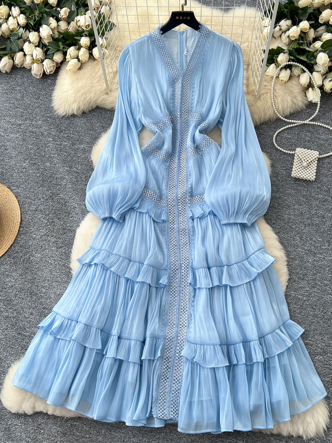 French elegant temperament dress, women's heavy industry hot stamping lace splicing waist slimming lantern sleeves ruffle edge long skirt French elegant temperament dress, women's heavy industry hot stamping lace splicing waist slimming lantern sleeves ruffle edge long skirt
