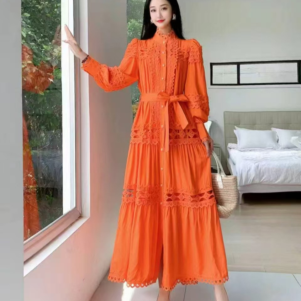 Palace style dress, summer dress, women's heavy industry, hollowed out lace splicing, slim fit, long French lantern sleeve dress, long skirt