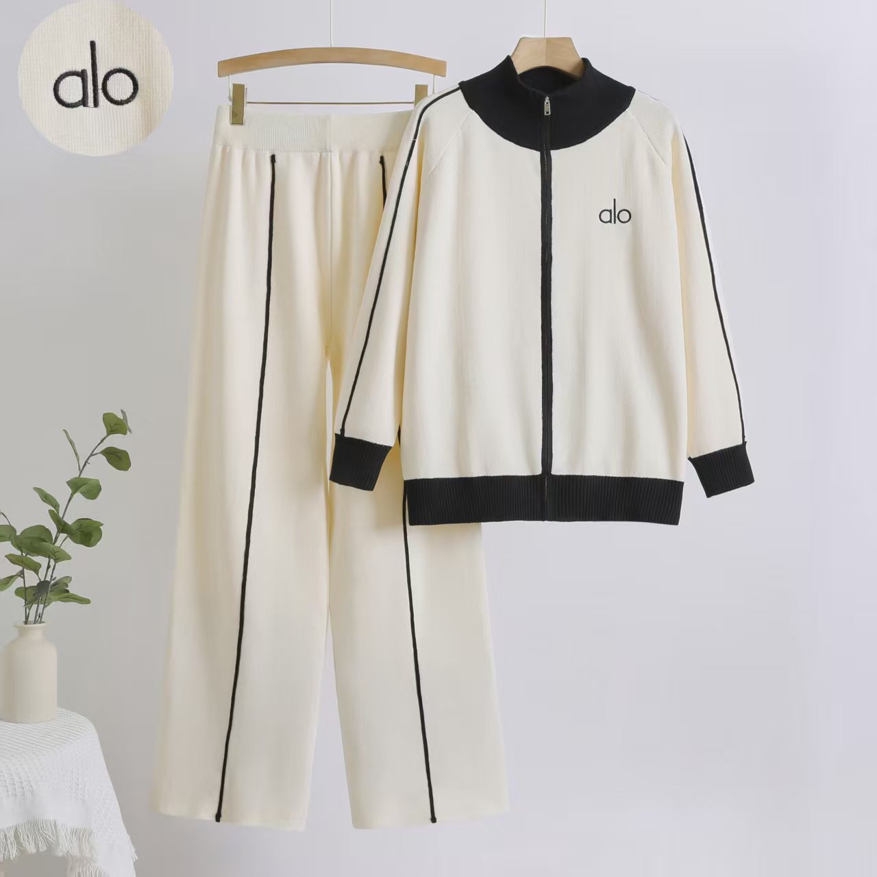 Cross border autumn and winter small fragrance style contrasting color stand up collar casual knitted suit women's versatile zipper jacket elastic straight leg pants Cross border autumn and winter small fragrance style contrasting color stand up collar casual knitted suit women's versatile zipper jacket elastic straight leg pants