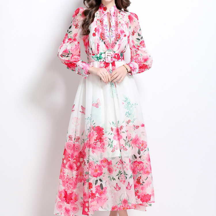 European and American style fashionable printed dress, early spring new item for socialites, high-end waist cinched lantern sleeves, large swing elegant long skirt for women