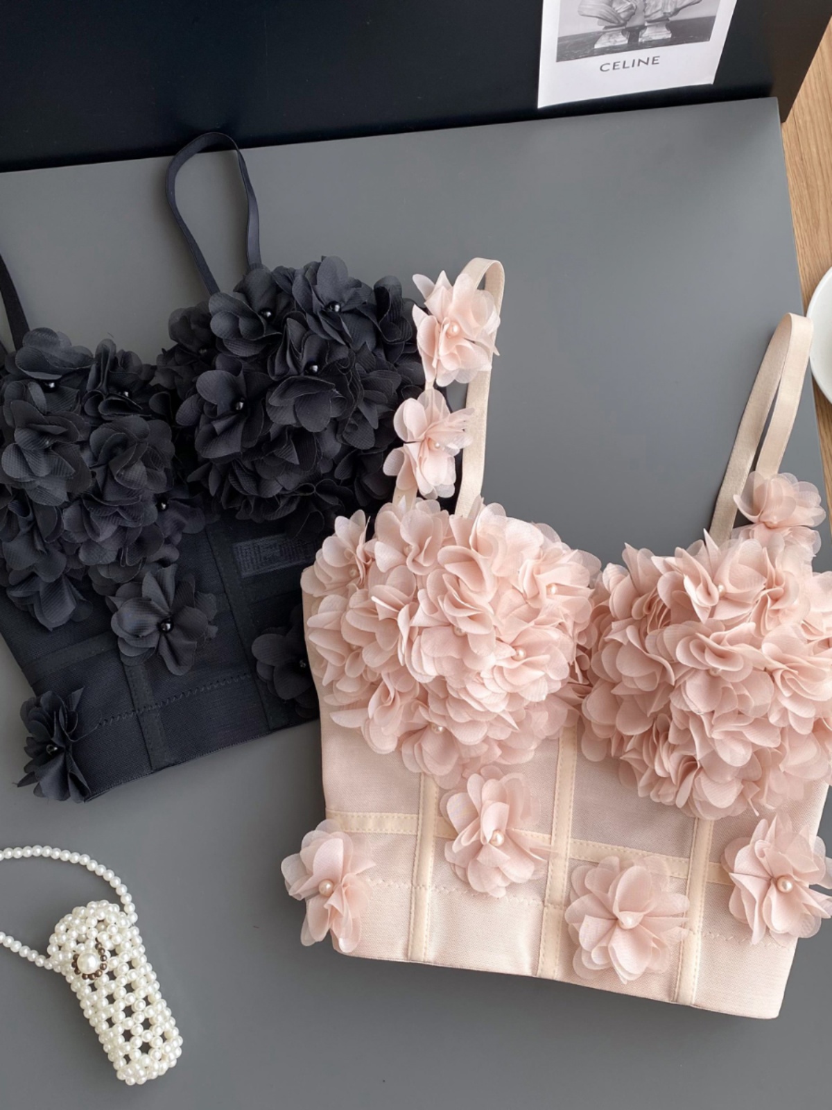 Internet celebrity Instagram new French sweet three-dimensional flower tank top, women's pure desire style, high-end feeling, strapless short top