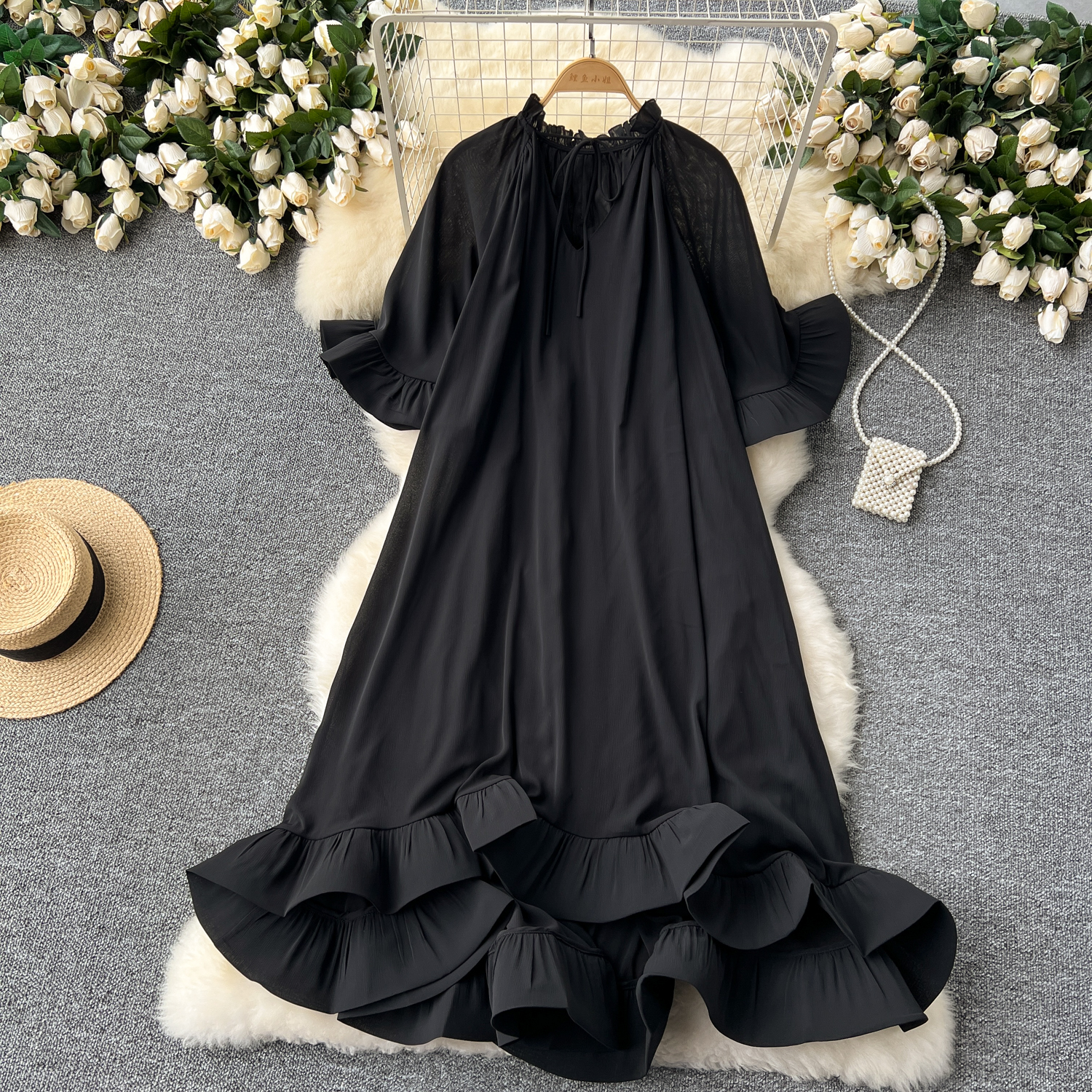 European and American niche palace style lotus leaf edge dress, women's high-end sense, loose and slimming temperament, vacation dress, long skirt European and American niche palace style lotus leaf edge dress, women's high-end sense, loose and slimming temperament, vacation dress, long skirt