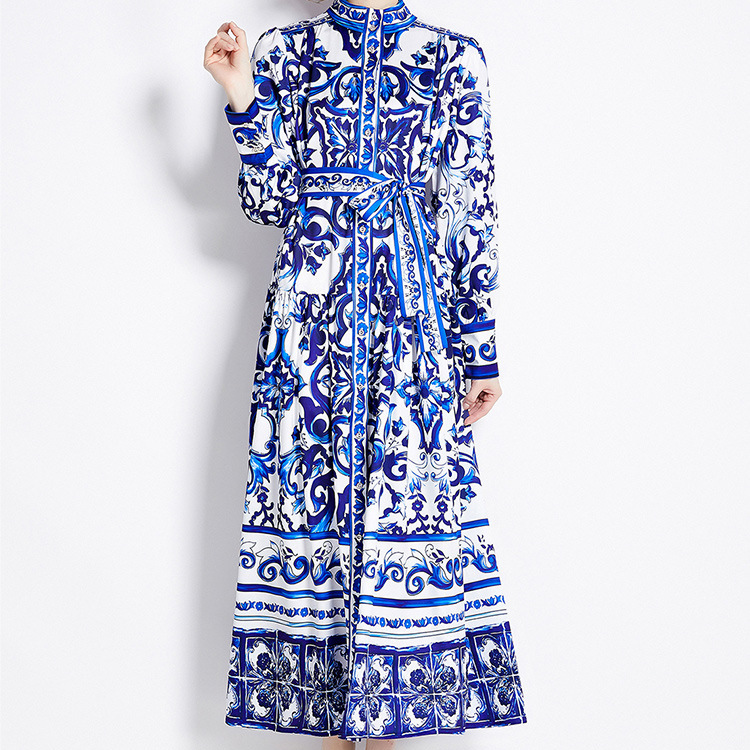 Palace style dress for women 2025 new spring outfit temperament stand collar buckle slim fit long style niche printed dress