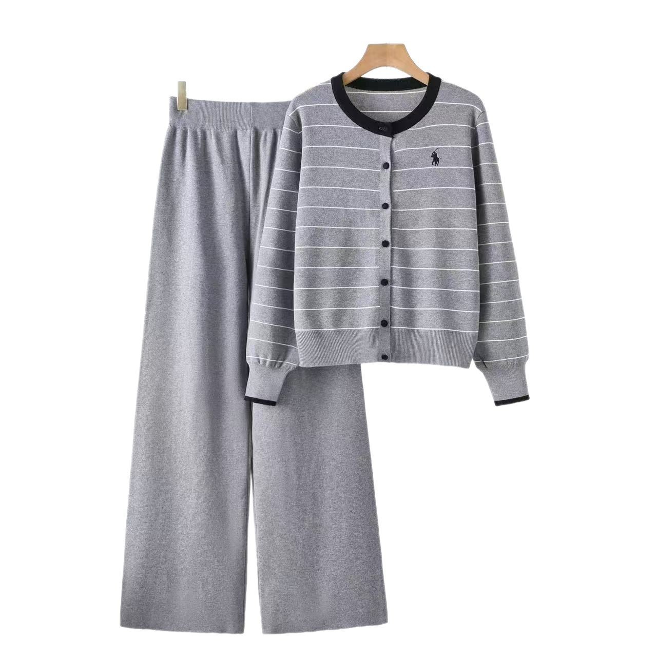 2025 Korean version spring high-end temperament versatile western-style striped knitted top high waisted casual pants two-piece set 2025 Korean version spring high-end temperament versatile western-style striped knitted top high waisted casual pants two-piece set