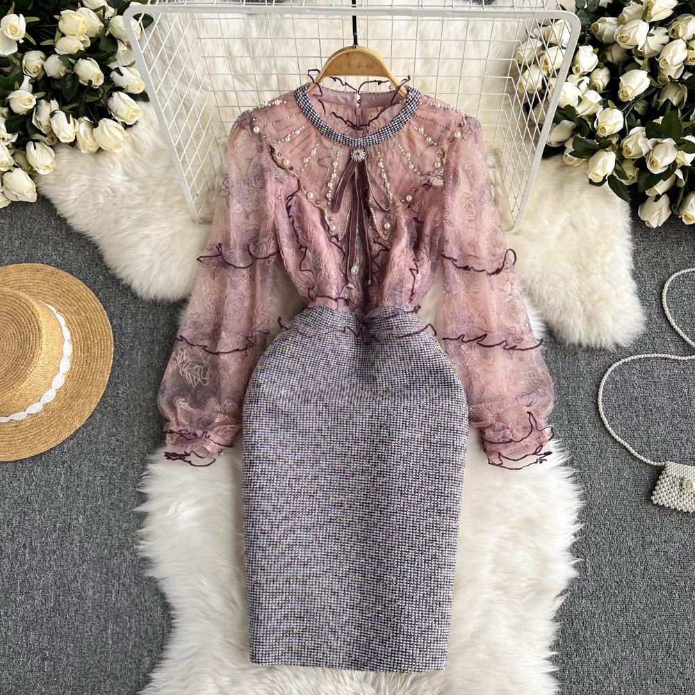 High end light luxury women's clothing French retro small fragrant style dress, socialite temperament heavy industry nail bead unique design feeling skirt High end light luxury women's clothing French retro small fragrant style dress, socialite temperament heavy industry nail bead unique design feeling skirt