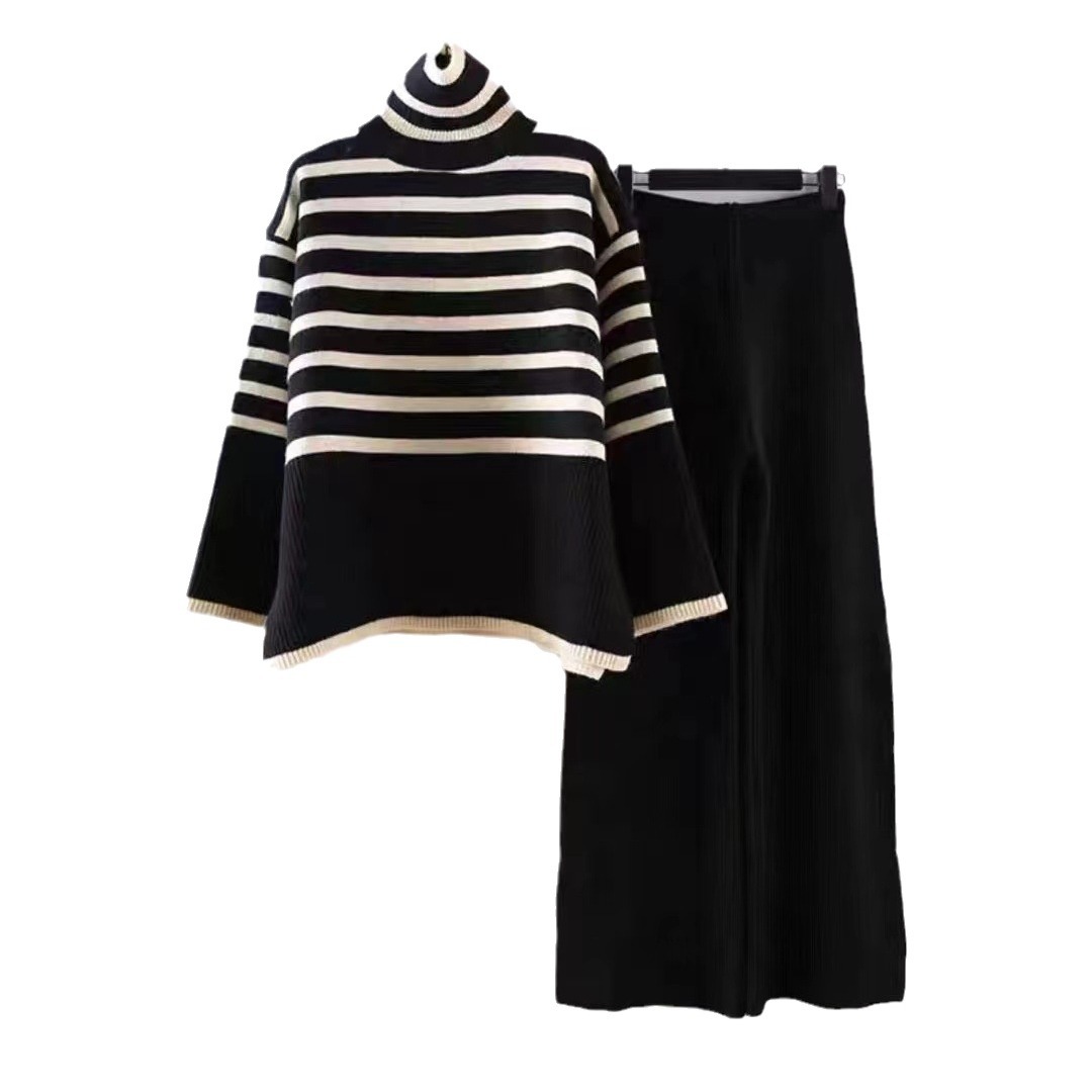Two piece set of oversized loose and versatile high neck knitted sweater for women+high waist hanging straight leg casual knitted wide leg pants Two piece set of oversized loose and versatile high neck knitted sweater for women+high waist hanging straight leg casual knitted wide leg pants