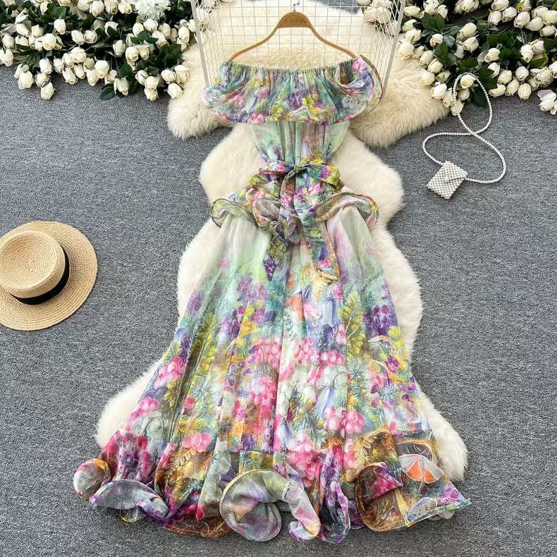 European and American style sexy one shoulder chiffon print high-end three-dimensional ruffle edge waist slimming dress vacation long skirt