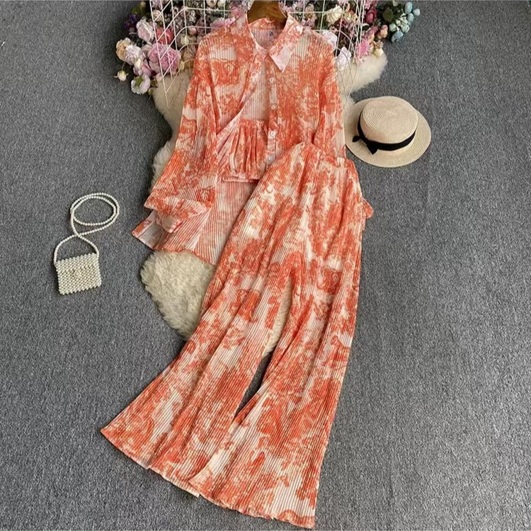 Fashion suit women's Korean version lantern sleeves loose single breasted dyed printed shirt three piece set high waist wide leg pants