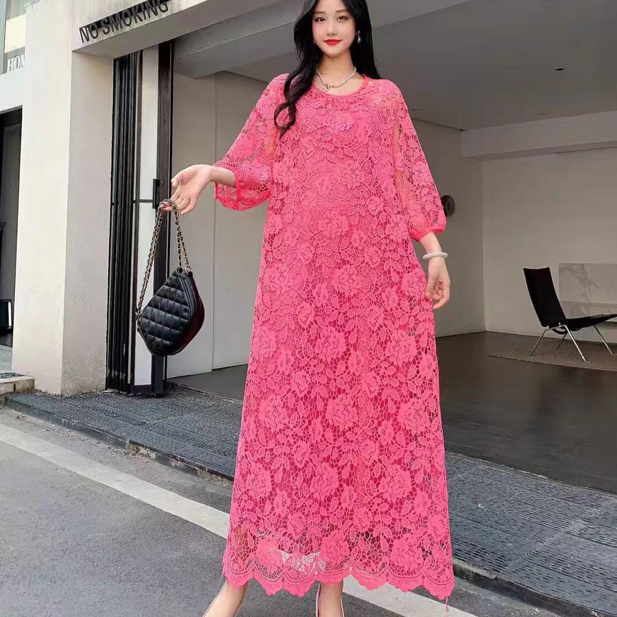 Sweet lace dress new style French retro heavy industry hollow hook flower loose slimming temperament dress long skirt
