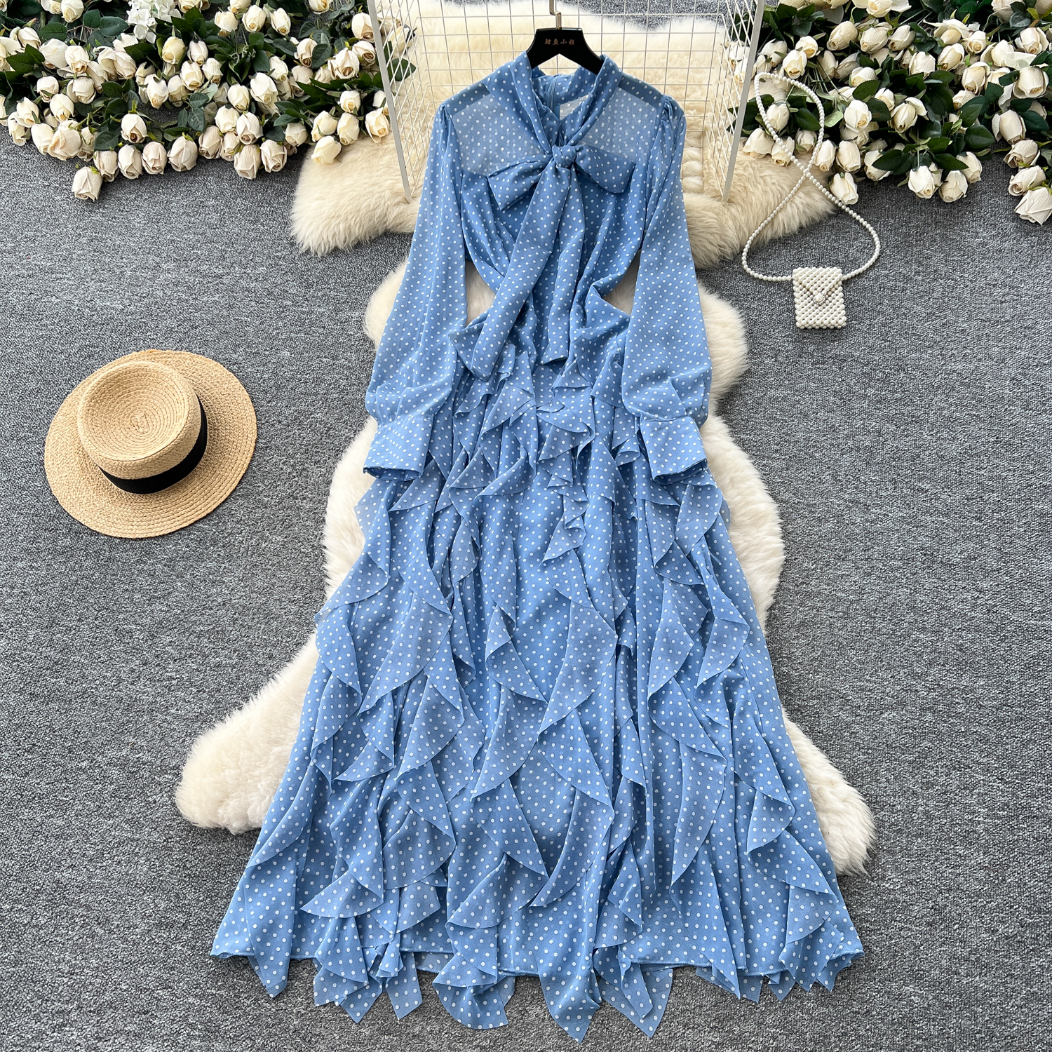 Light mature style niche bow tie tied long sleeved polka dot dress for women in autumn 2025, irregular lotus leaf side length skirt Light mature style niche bow tie tied long sleeved polka dot dress for women in autumn 2025, irregular lotus leaf side length skirt