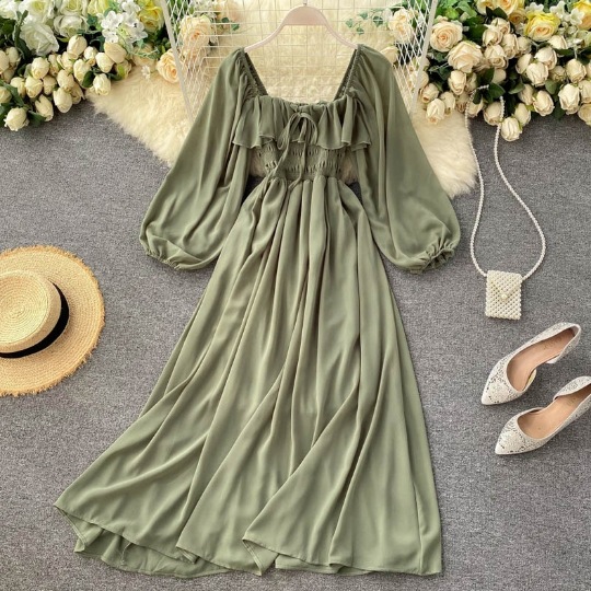 CHIC Gentle Style Dress Spring and Autumn New Women's French Retro Square Neck Western Style Bubble Sleeves Chiffon Solid Color Middle Skirt