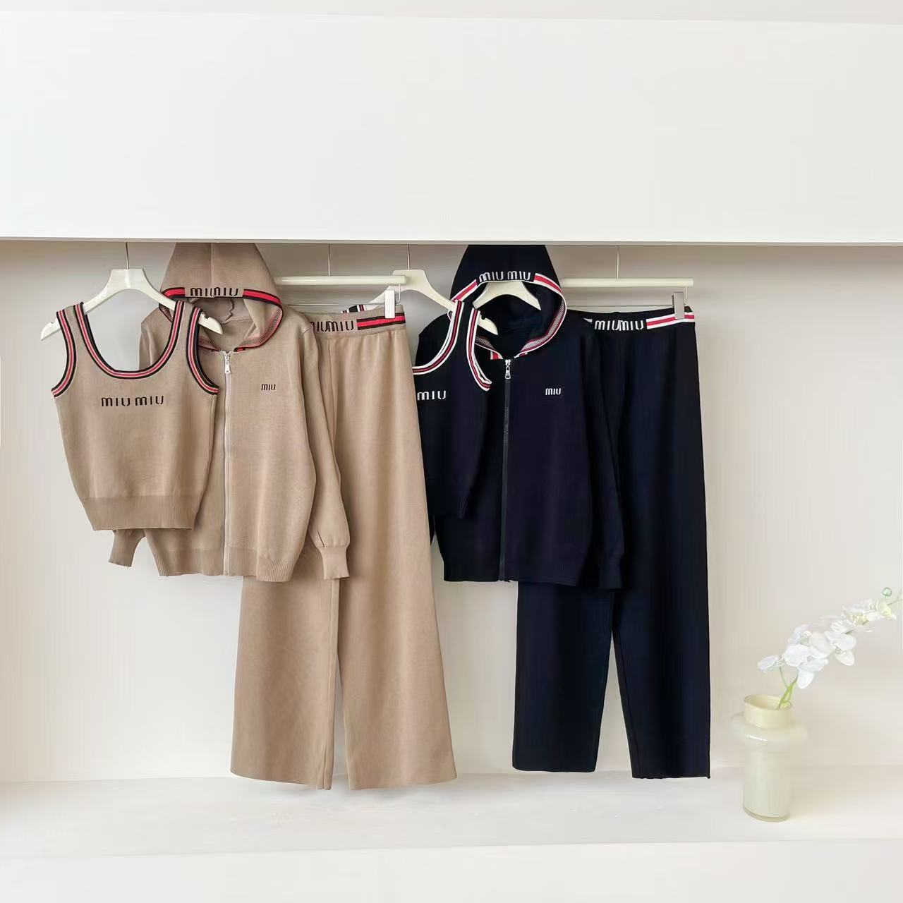 Cross border new vest letter round neck pullover hooded cardigan jacket wide leg pants knitted fashionable versatile three piece set