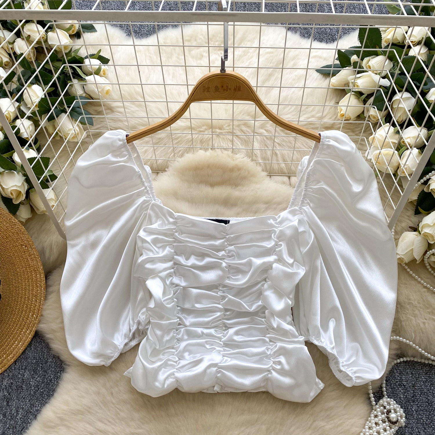 Light luxury European and American style satin like one shoulder bubble sleeve shirt for women in summer, pleated slim fit, chic top, trendy Light luxury European and American style satin like one shoulder bubble sleeve shirt for women in summer, pleated slim fit, chic top, trendy