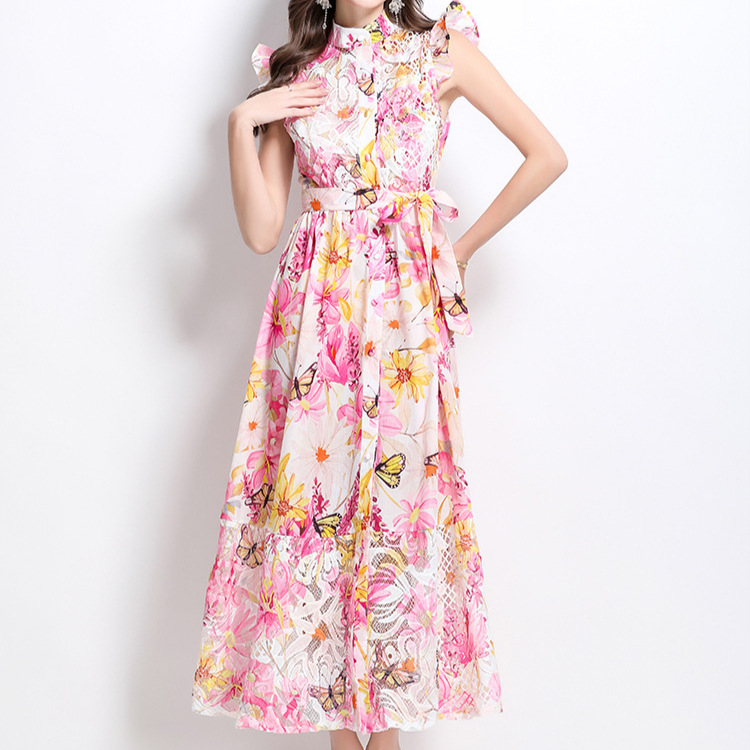 European and American high-end hollow lace splicing small fly sleeves, waist cinching straps, slimming temperament, single breasted printed dress