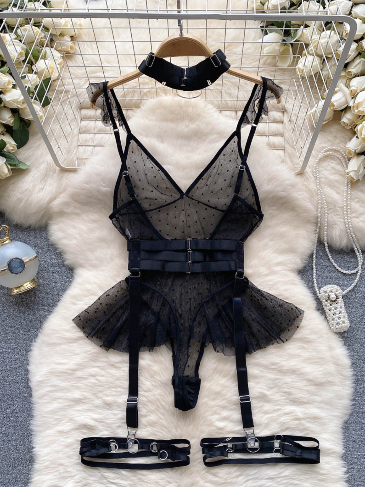 European and American Instagram influencer hot girl sexy mesh bottom suspender V-neck slimming waist cinched ruffled hem jumpsuit European and American Instagram influencer hot girl sexy mesh bottom suspender V-neck slimming waist cinched ruffled hem jumpsuit