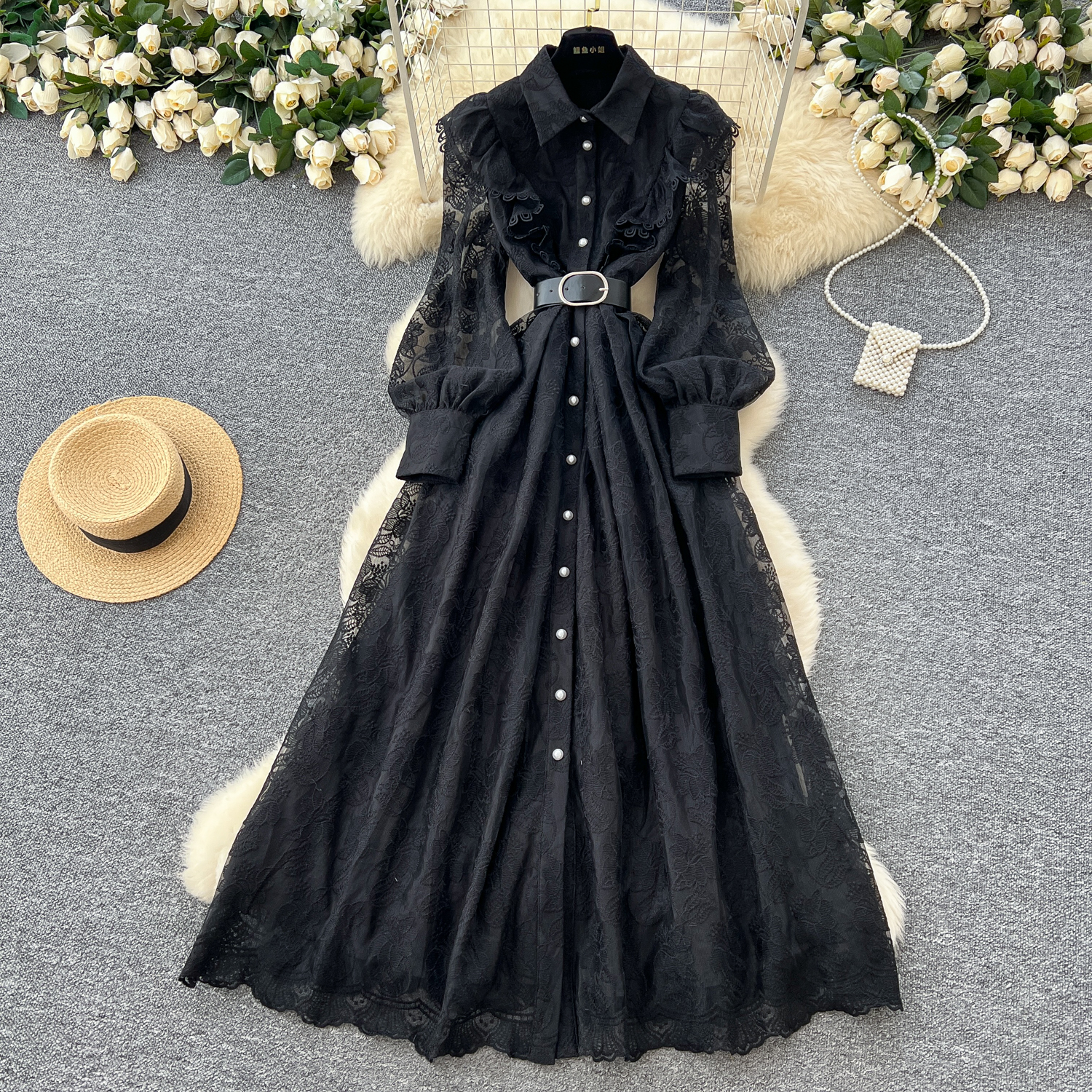 Light luxury socialite style, high-end Polo collar dress, women's spring mesh embroidery, niche design, fairy chic long skirt Light luxury socialite style, high-end Polo collar dress, women's spring mesh embroidery, niche design, fairy chic long skirt