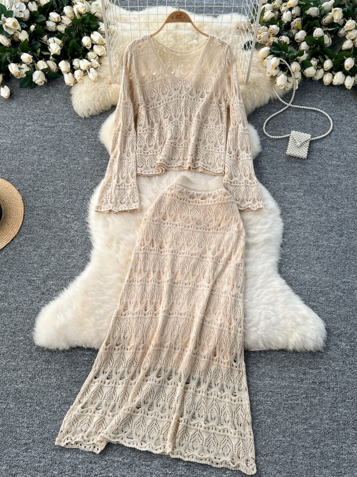 Two piece temperament set for women, gentle and versatile with flared sleeves and hollowed out crochet knit top+high waist slimming skirt