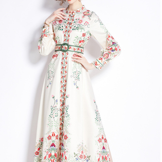 Retro court style dress for women, spring and autumn new style French stand collar, single breasted lantern sleeves, cinched waist, large swing long skirt