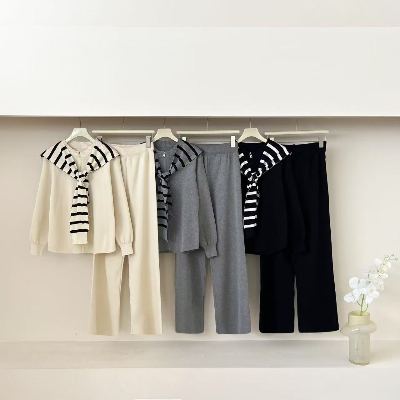 Foreign trade 25 new women's clothing European fashion casual age reducing shawl jacket wide leg pants knitted suit women's two-piece set