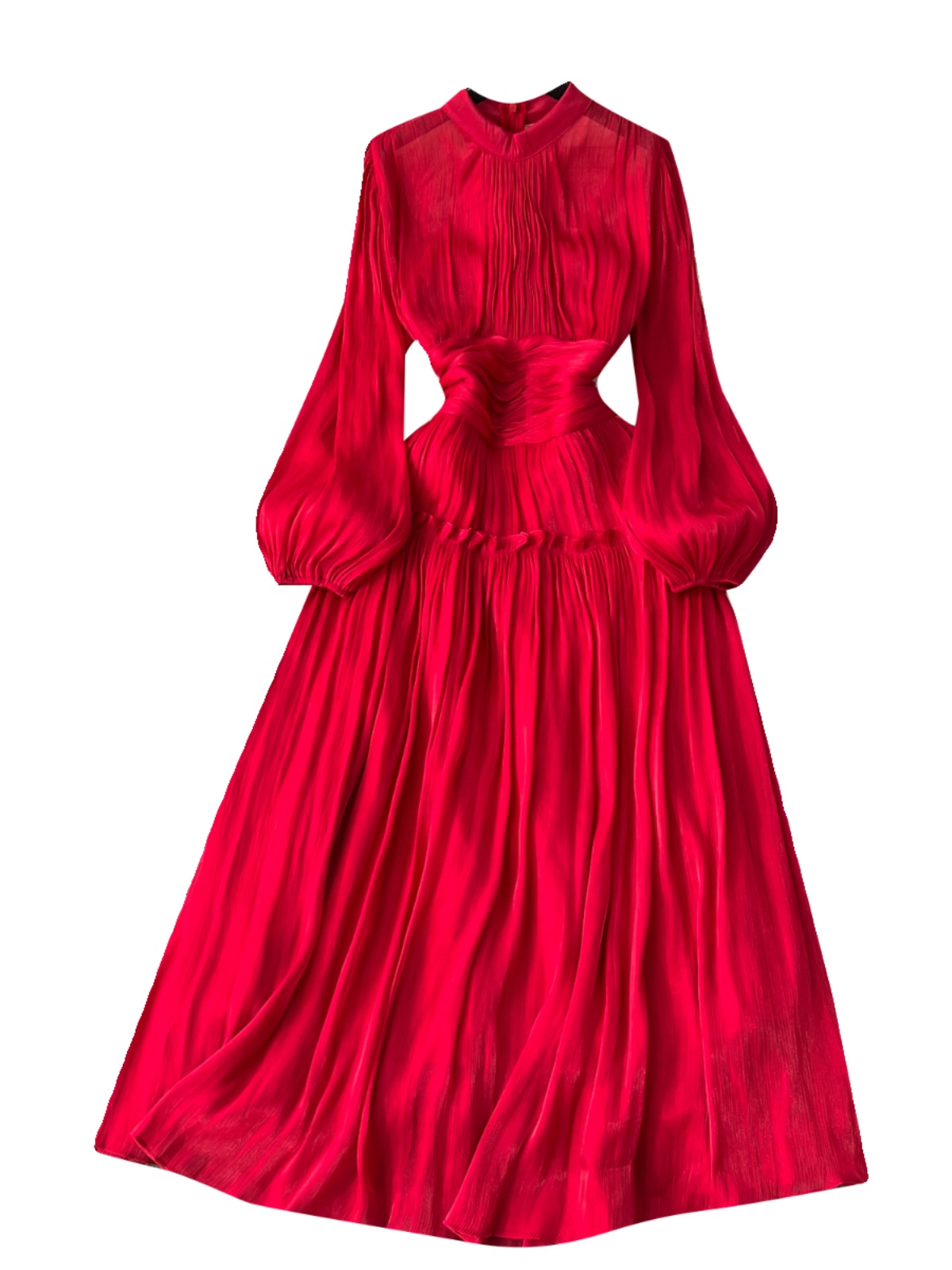 High end dress for women in early spring 2024, new style with a stand up collar, heart mechanism, pleated waist, long style, bubble sleeve dress High end dress for women in early spring 2024, new style with a stand up collar, heart mechanism, pleated waist, long style, bubble sleeve dress