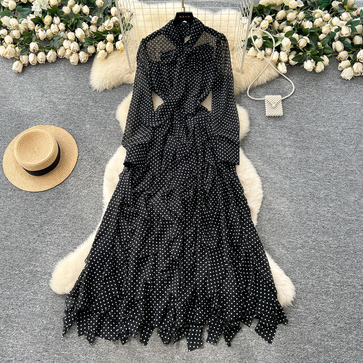 Light mature style niche bow tie tied long sleeved polka dot dress for women in autumn 2025, irregular lotus leaf side length skirt Light mature style niche bow tie tied long sleeved polka dot dress for women in autumn 2025, irregular lotus leaf side length skirt