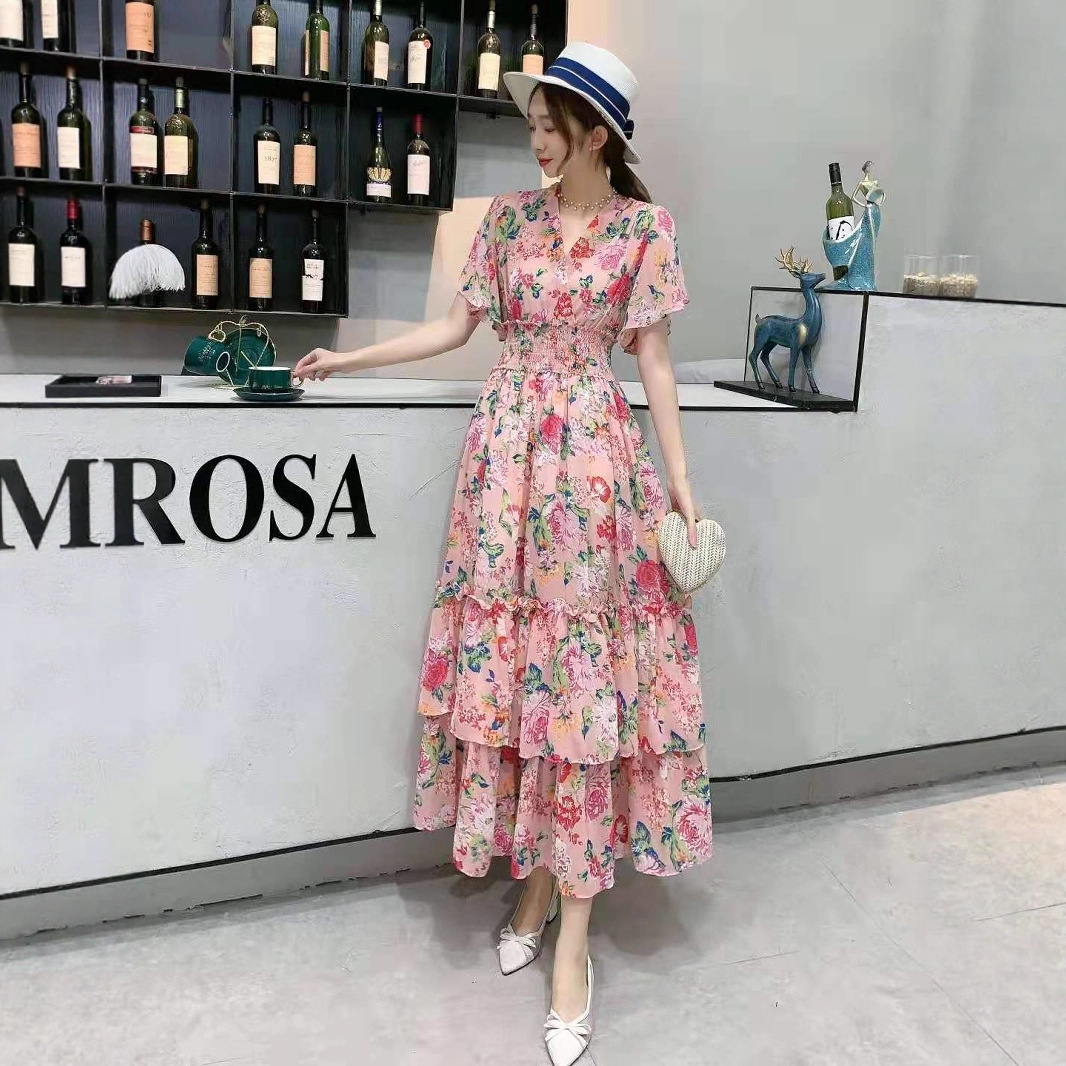 Foreign trade V-neck short sleeved chiffon printed pleated design dress A-line skirt with elastic waist and lining long skirt for women Foreign trade V-neck short sleeved chiffon printed pleated design dress A-line skirt with elastic waist and lining long skirt for women