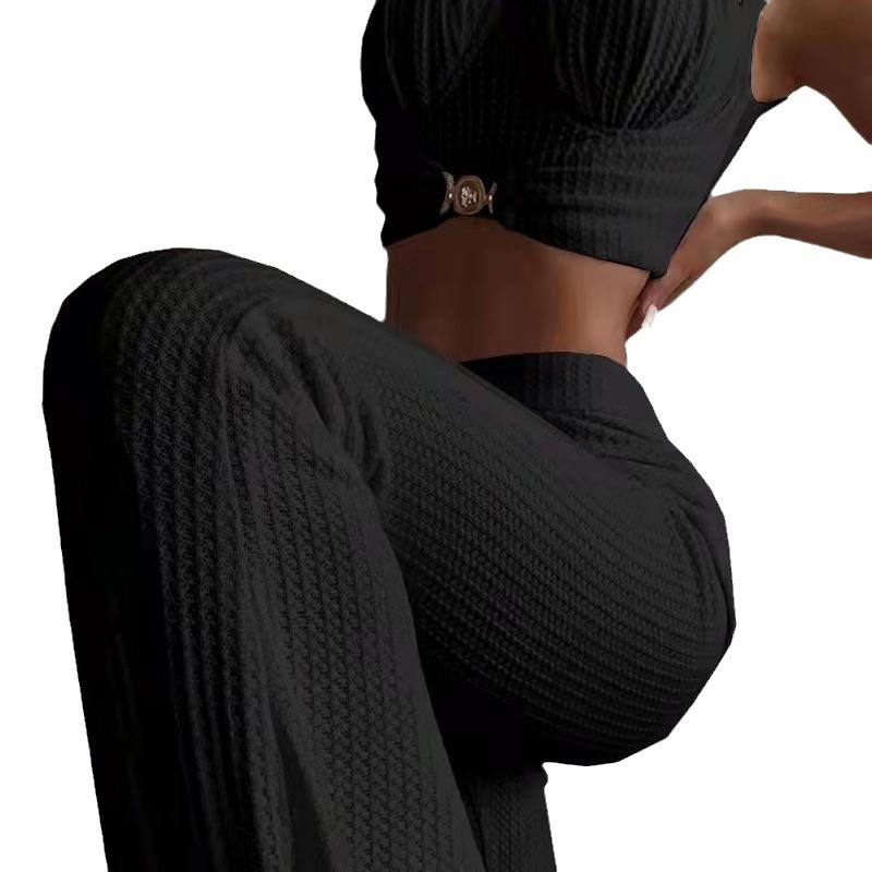 Cross border foreign trade fashion set, female sexy low neck short top, versatile high waisted flared pants, fashionable two-piece set Cross border foreign trade fashion set, female sexy low neck short top, versatile high waisted flared pants, fashionable two-piece set