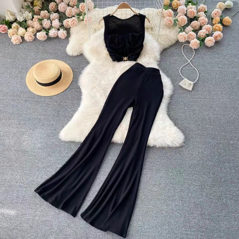 Cross border foreign trade fashion set, female sexy low neck short top, versatile high waisted flared pants, fashionable two-piece set Cross border foreign trade fashion set, female sexy low neck short top, versatile high waisted flared pants, fashionable two-piece set