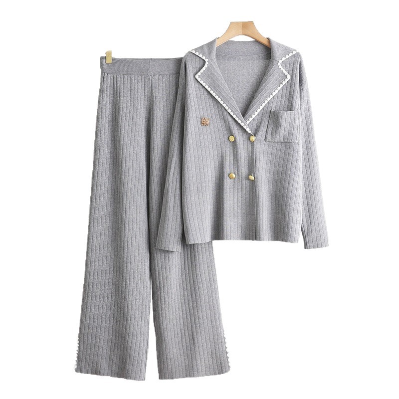 Cross border 2025 autumn and winter new solid color high-end temperament jacket slimming knitted high waisted pants two-piece set Cross border 2025 autumn and winter new solid color high-end temperament jacket slimming knitted high waisted pants two-piece set