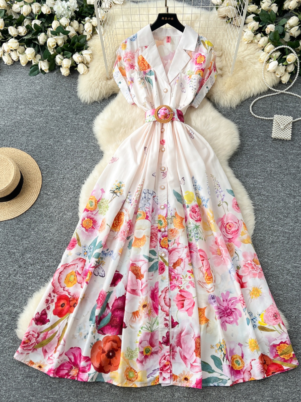 2025 Spring New Dress Women's Fashion Collar Short Sleeve Printed Long Dress with Waist Collection, Single breasted, Large Swing Holiday Skirt