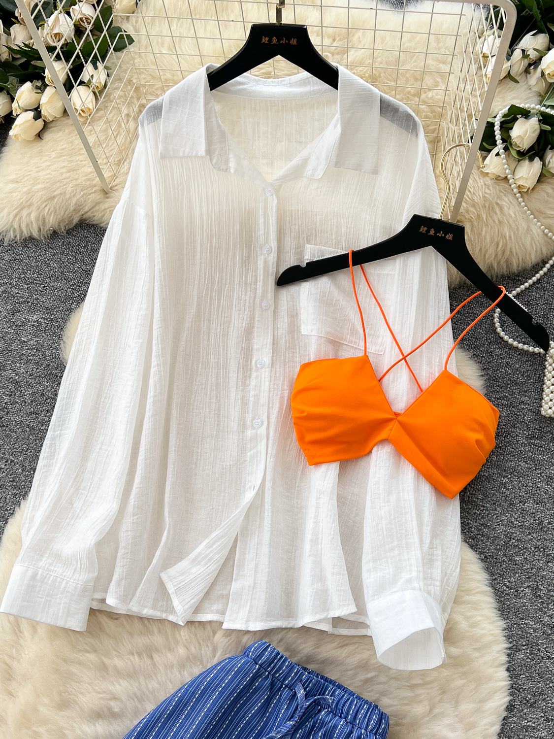 Beach vacation outfit for women, loose casual sun protection cover shirt+bikini camisole+striped wide leg pants Beach vacation outfit for women, loose casual sun protection cover shirt+bikini camisole+striped wide leg pants