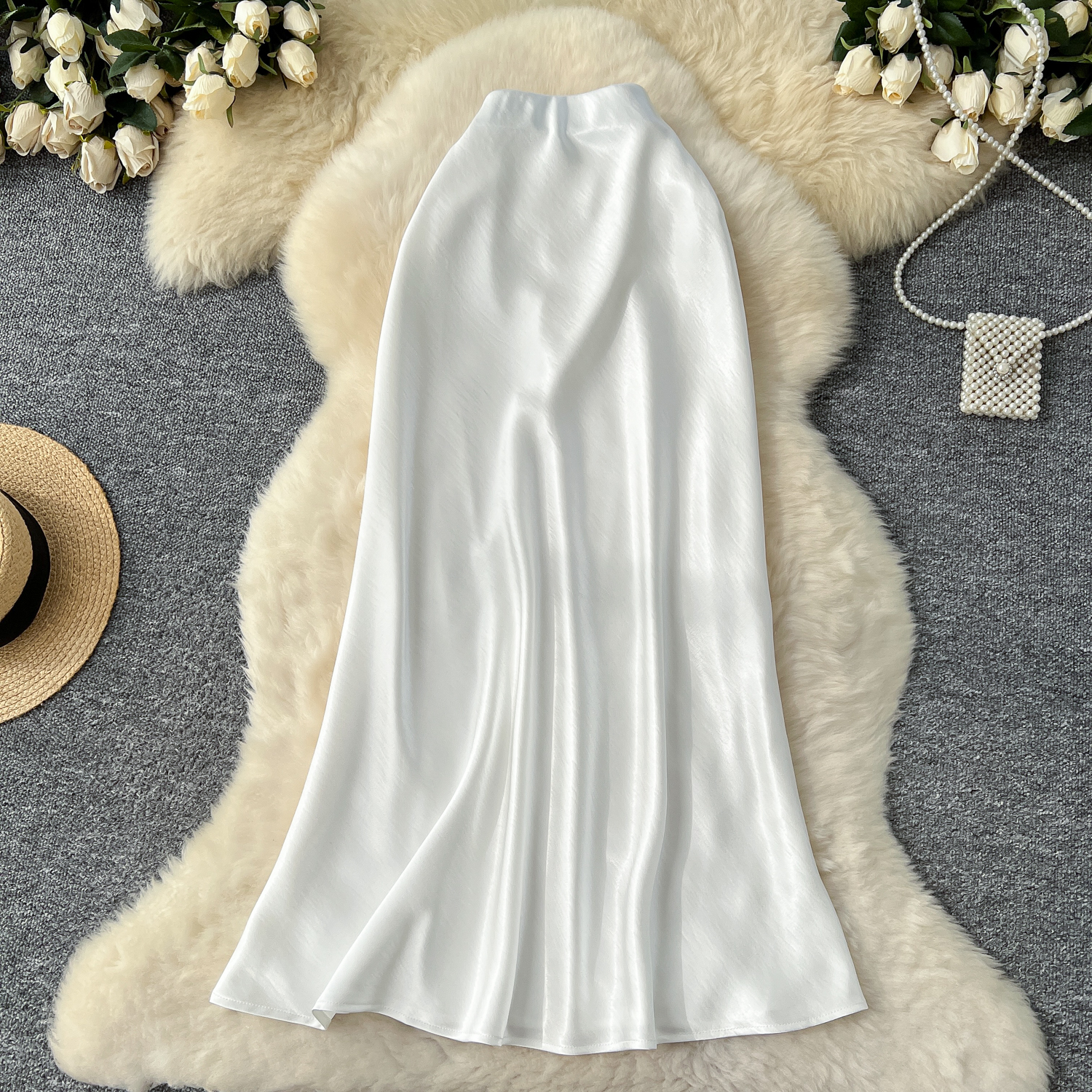 High end satin midi skirt for women 2025 new style, light luxury, high waist, slimming A-line package, hip sagging sensation, fish tail mid length skirt High end satin midi skirt for women 2025 new style, light luxury, high waist, slimming A-line package, hip sagging sensation, fish tail mid length skirt