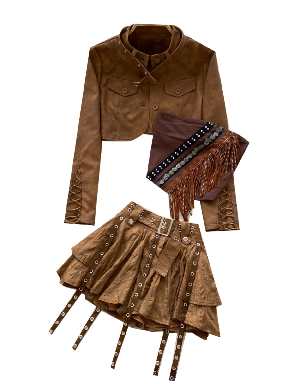 Holiday outfit for women, retro interior, tassel strapless vest, ribbon irregular skirt+long sleeved short jacket Holiday outfit for women, retro interior, tassel strapless vest, ribbon irregular skirt+long sleeved short jacket