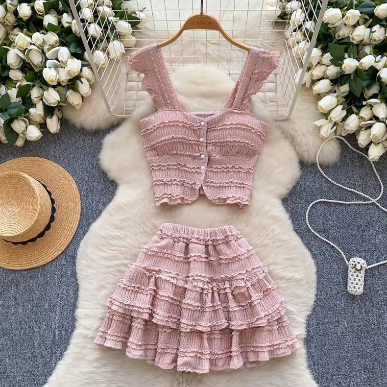 European and American style small stature with black fungus edge design, pure desire set, women's suspender, strapless vest, high waisted half skirt two-piece set