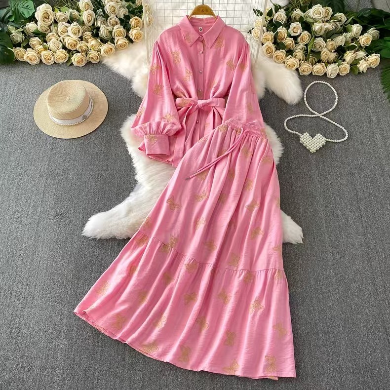 French style women's autumn outfit, a complete set of light and mature style straps, waist cinching butterfly embroidery long sleeved shirt, high waisted skirt