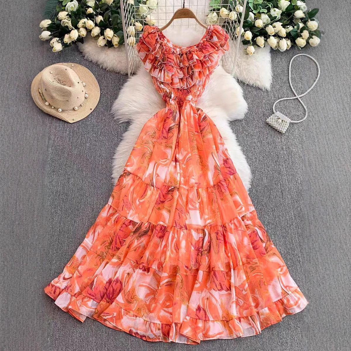 French style one shoulder lotus leaf edge splicing waist cinching printed dress for women's summer slimming vacation chiffon long dress