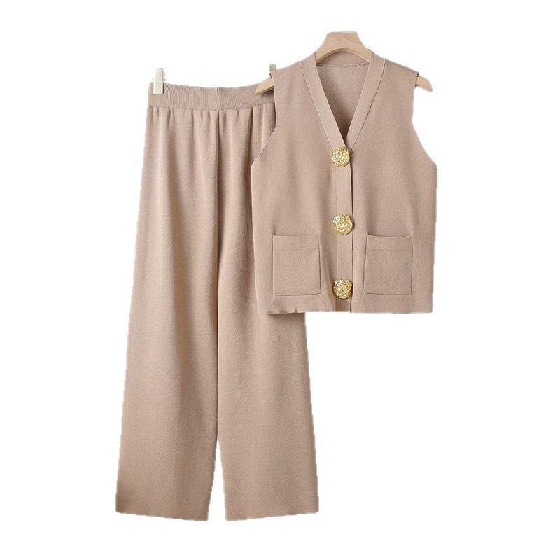 Cross border fashion suit women's summer new item European and American sleeveless big button knitted top straight leg wide leg pants two-piece set Cross border fashion suit women's summer new item European and American sleeveless big button knitted top straight leg wide leg pants two-piece set