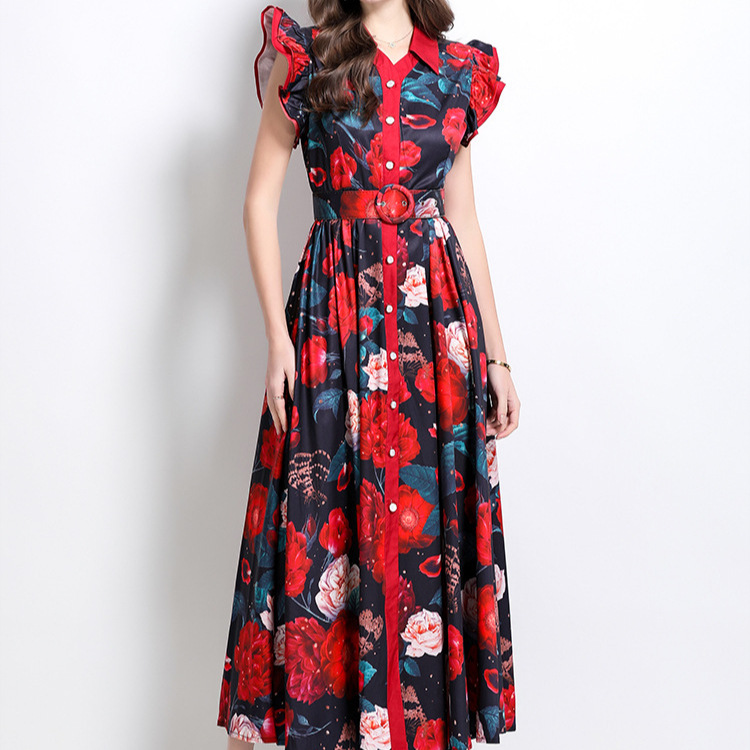 European and American fashion printed lotus leaf sleeves, lapel, single breasted waist cinching, big swing dress for women, slimming and elegant long skirt