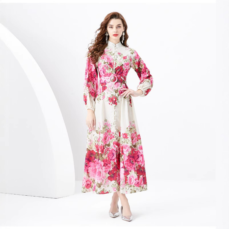 Floral series Spring and Autumn women 2024 new high-end printed slim fit long French bubble sleeve temperament dress