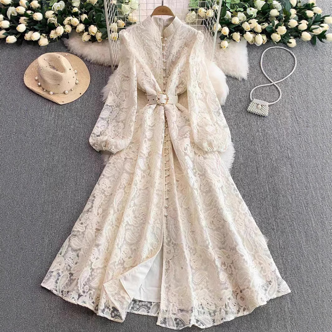 High end elegant women's dress 2025 new French heavy industry hook flower waist cinching single breasted slim lace long dress